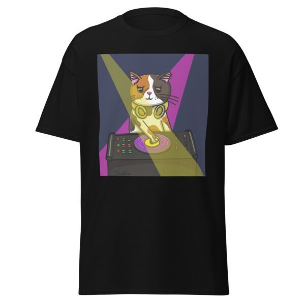 DJ Charlie Cat Black T-Shirt by Dinky Drawings