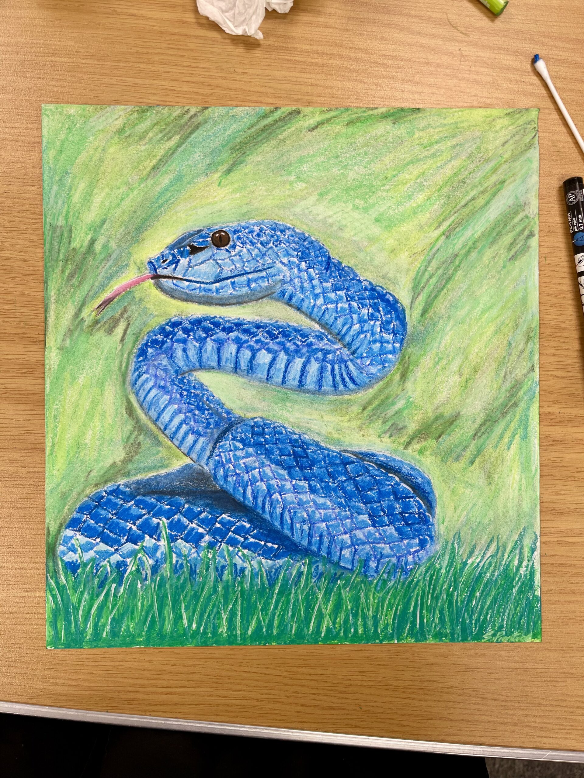 An oil pastel painting of a blue insularis snake.