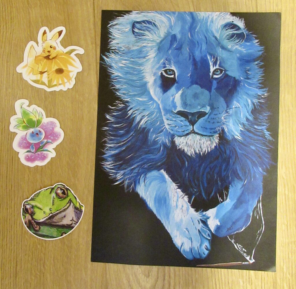 pokemon and frog stickers with lion print